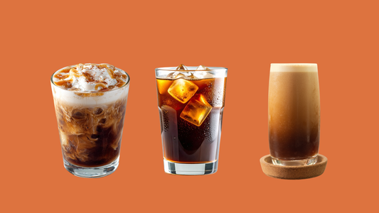 comparison of iced coffee, cold brew, and nitro cold brew shown side by side, highlighting differences in ice, color, and foam texture