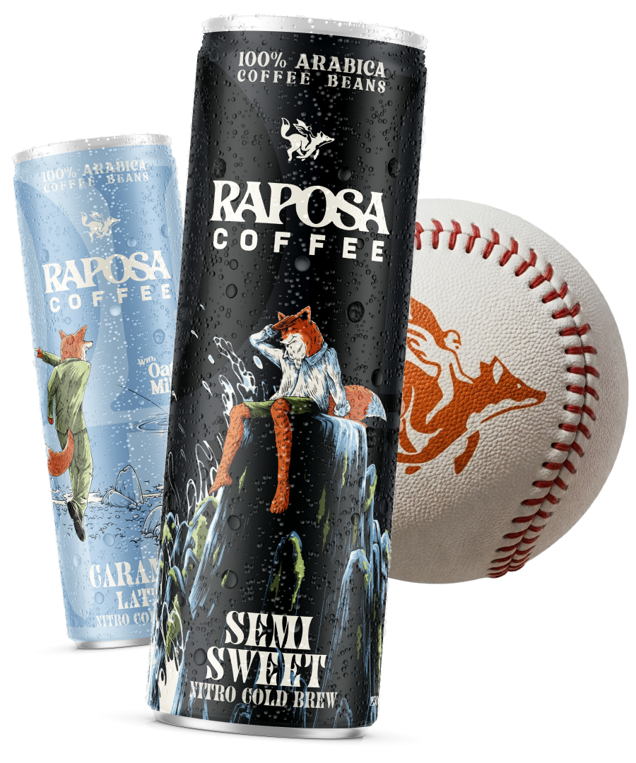Raposa Semi Sweet and Caramel Latte nitro cold brew cans with a baseball