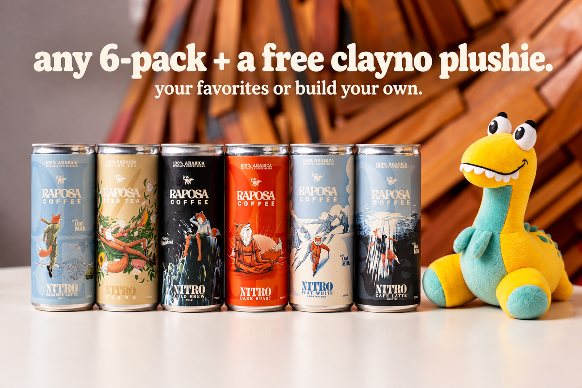 six Raposa nitro cans beside a Clayno plushie.