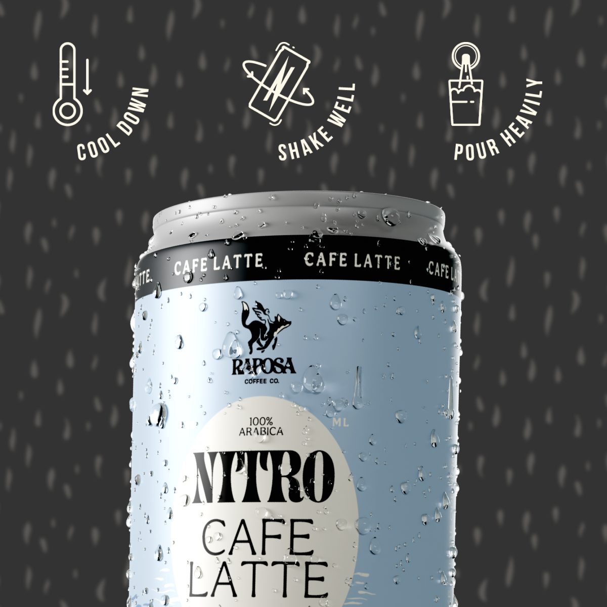 raposa nitro cafe latte canned nitro cold brew on dark background