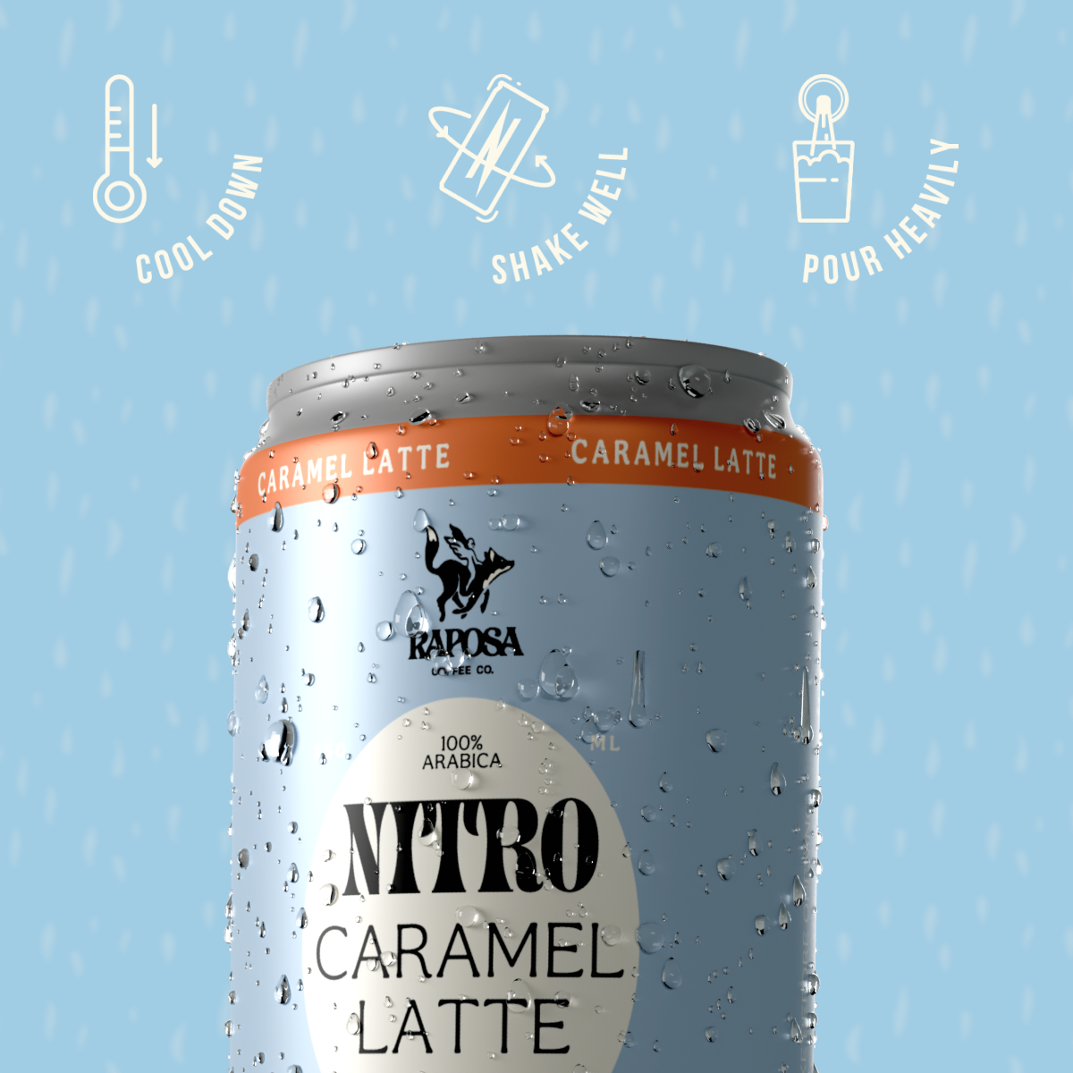 raposa nitro caramel latte canned nitro cold brew on dark background