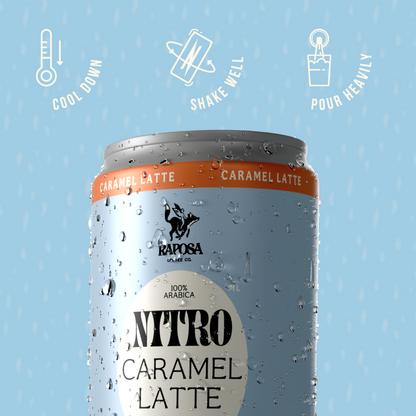 raposa nitro caramel latte canned nitro cold brew on dark background