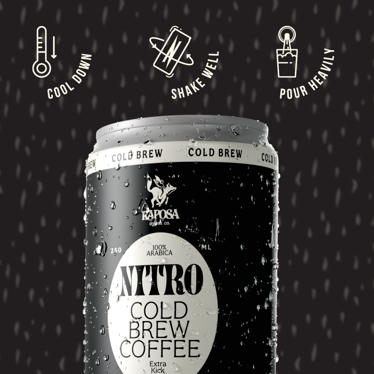 raposa nitro cold brew extra kick canned nitro cold brew on dark background