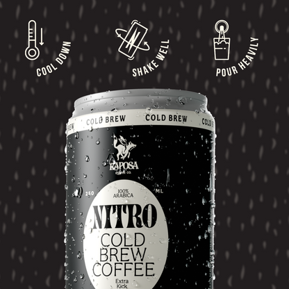 raposa nitro cold brew extra kick canned nitro cold brew on dark background