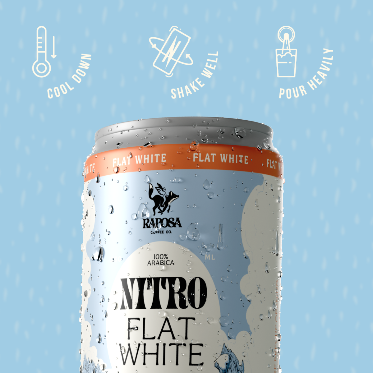 raposa nitro flat white canned nitro cold brew on blue background