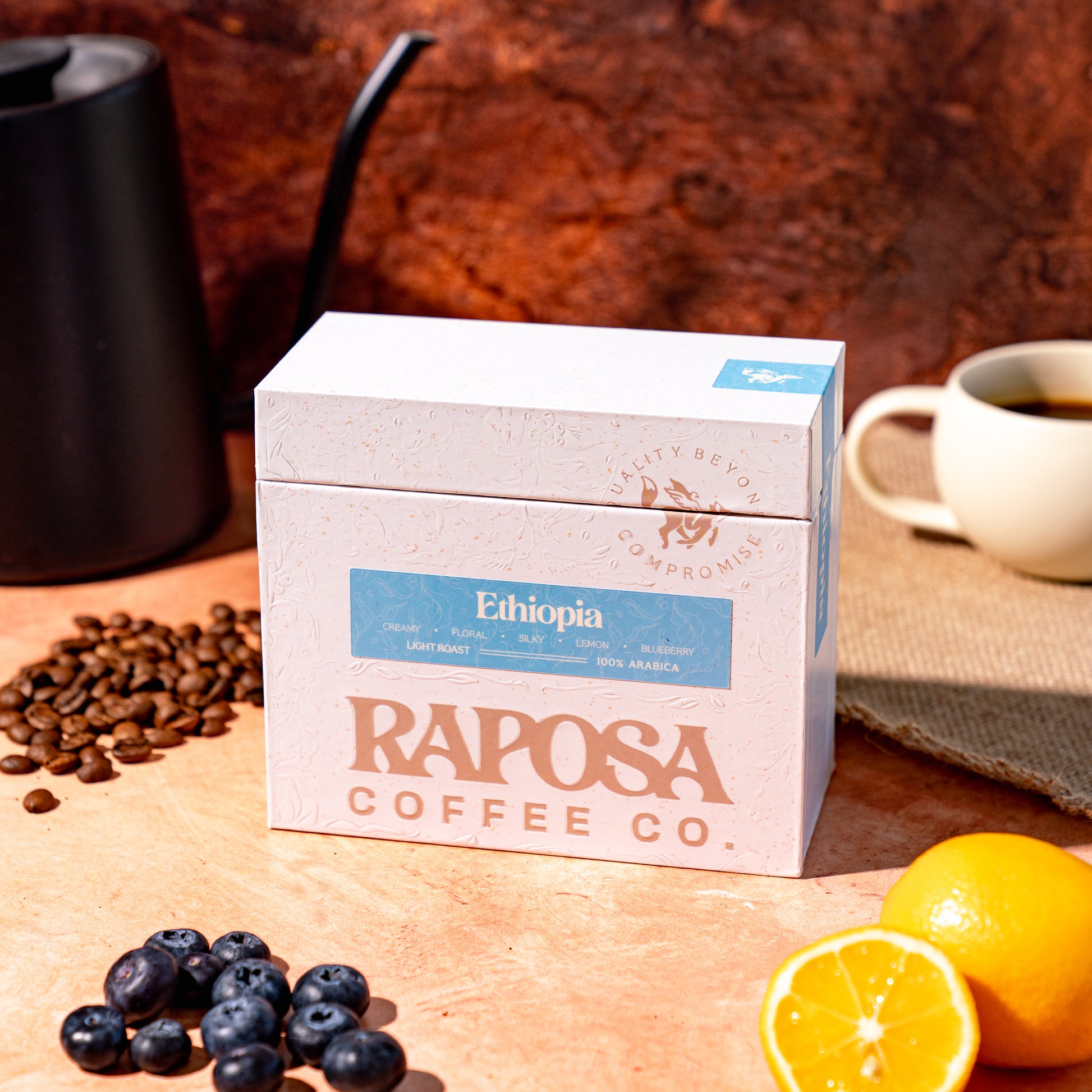 Ethiopia Yirgacheffe light roast coffee box with lemon and blueberries