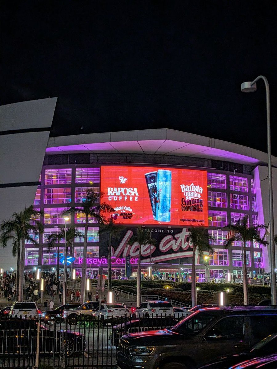 Raposa ad on the Kaseya Center screen, home of the Miami Heat