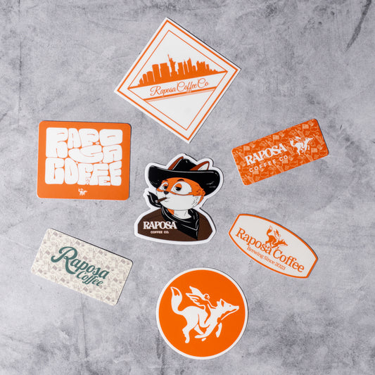raposa vinyl sticker pack with coffee logos, fox and character designs