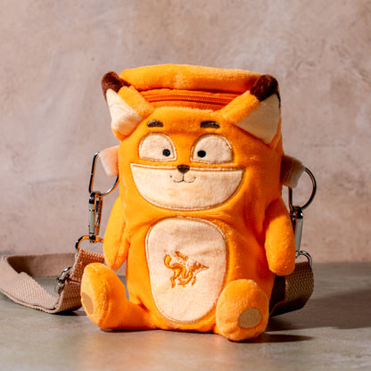raposa fox plush coffee cup holder with adjustable strap, front view
