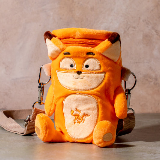 raposa fox plush coffee cup holder with adjustable strap, front view