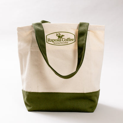 raposa canvas tote bag side view showing olive green handles and reinforced base