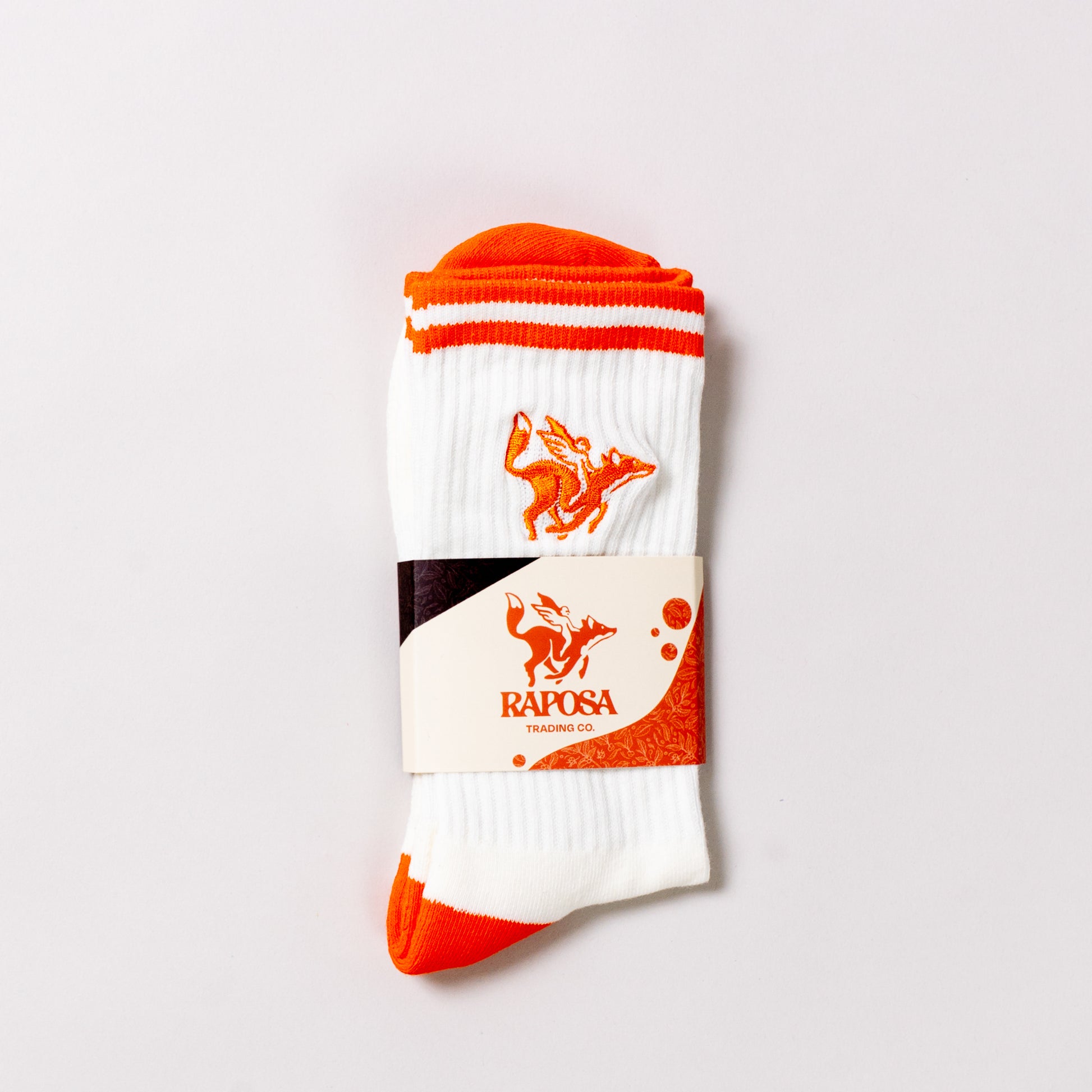 raposa crew socks with orange embroidered fox logo on white cotton