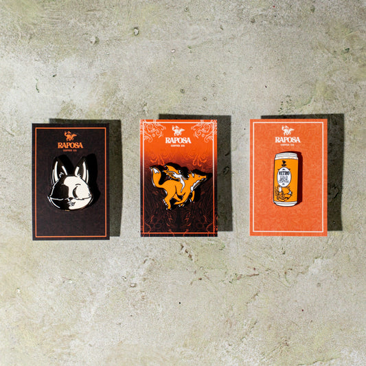 raposa enamel pin set featuring fox logo, nitro cold brew can, and kup design