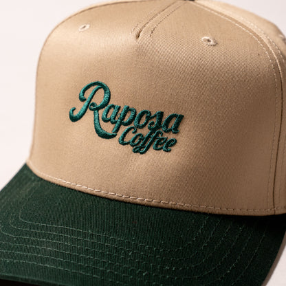 raposa coffee embroidered logo snapback cap, angled front view