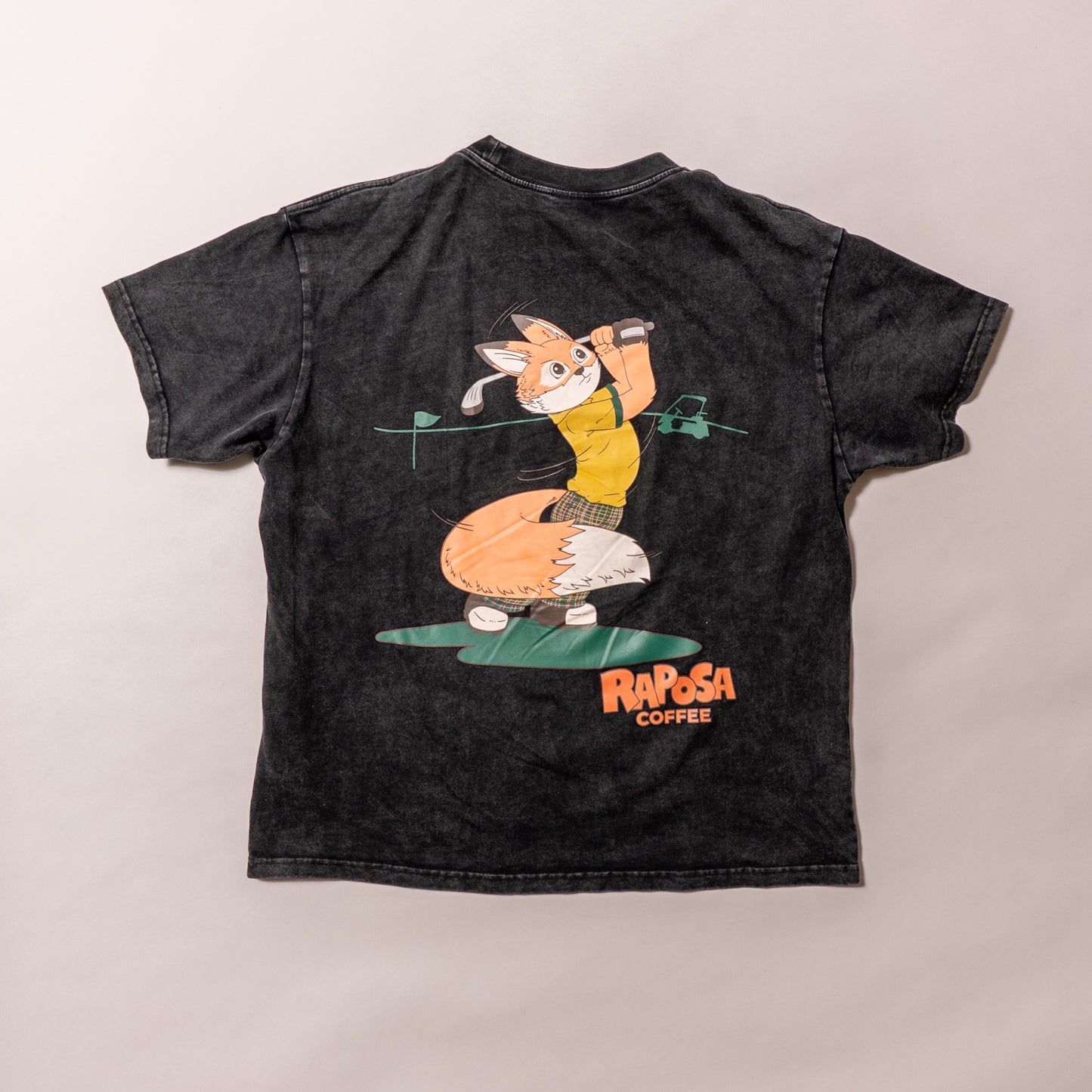 raposa golf tee black acid wash t-shirt back view with golfer graphic