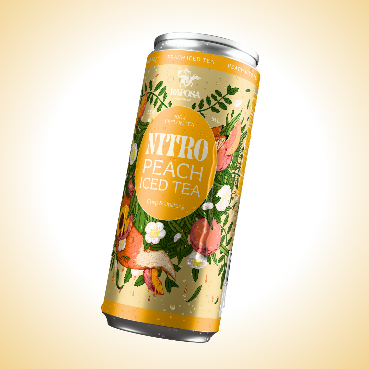 Raposa Nitro Peach Iced Tea can on yellow background