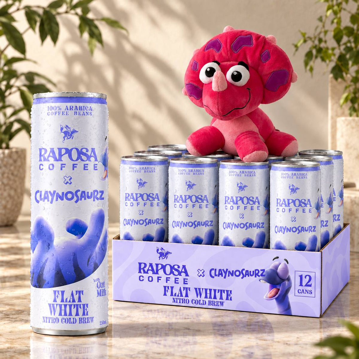 Raposa x Claynosaurz: Flat White Bundle (12-Pack + Plushie)