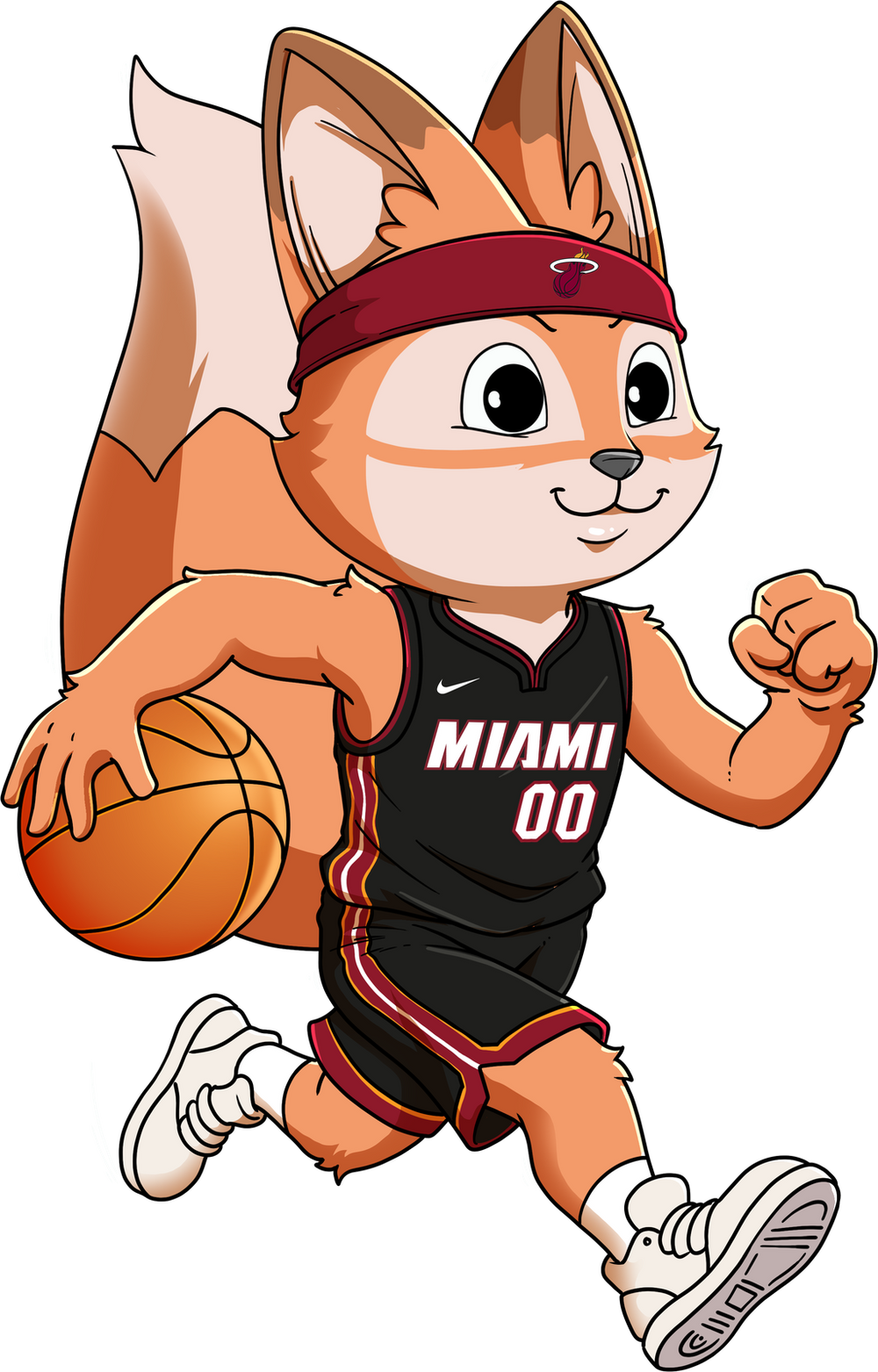 The Raposa fox in a Miami Heat jersey, dribbling a basketball