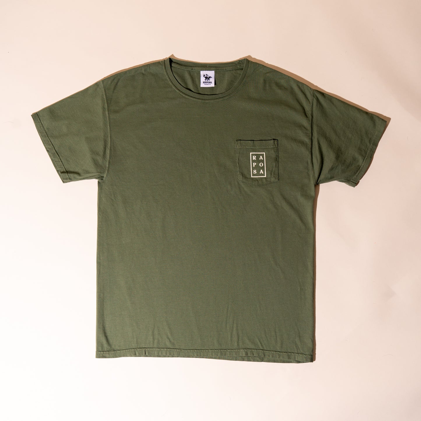 Raposa olive green pocket t-shirt flat lay front with vertical logo print