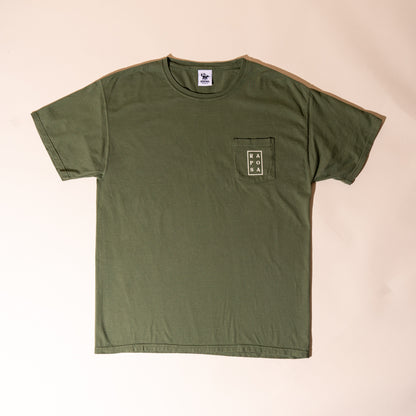 Raposa olive green pocket t-shirt flat lay front with vertical logo print