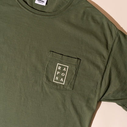 Raposa pocket tee olive close-up of front pocket logo print
