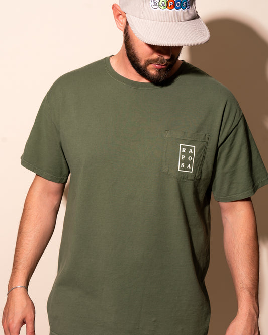 Raposa heavyweight pocket tee olive green worn by model front view