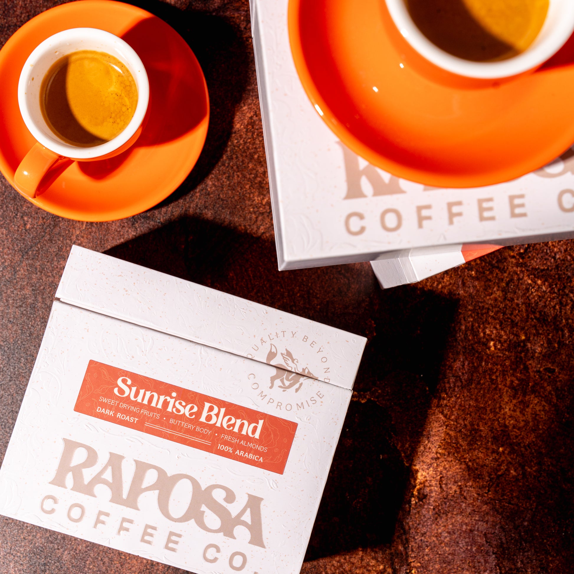 Brewed Sunrise Blend coffee with Raposa Coffee packaging