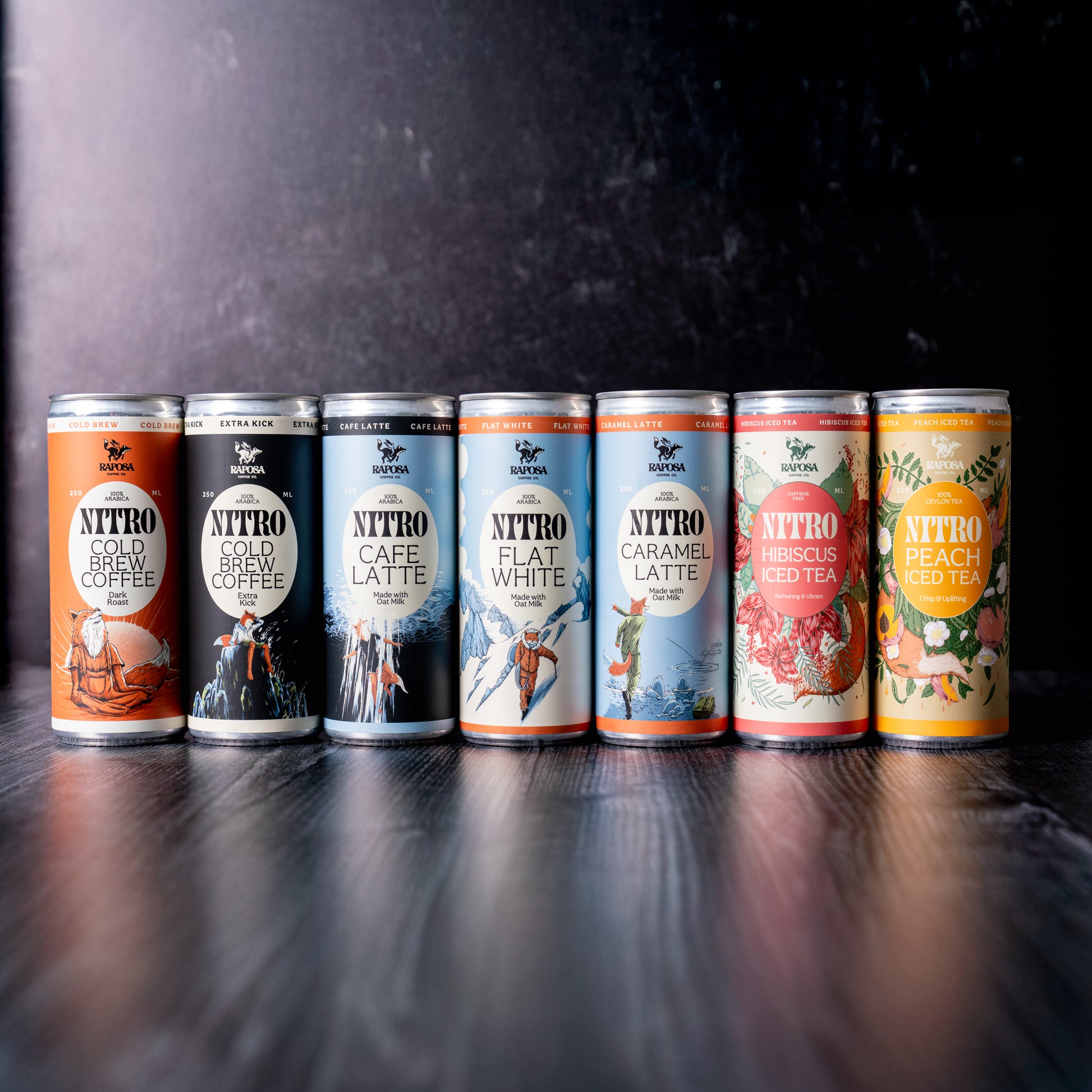 Raposa nitro cold brew starter pack featuring seven canned coffee and tea flavors