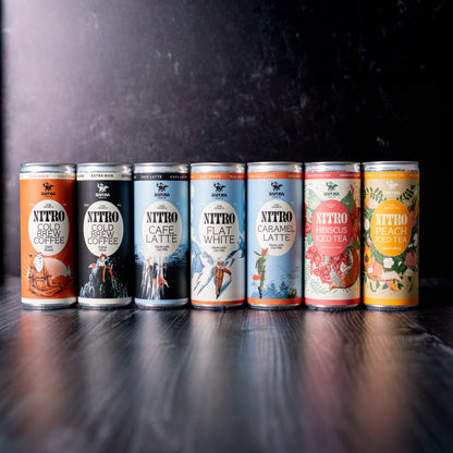 Raposa nitro cold brew starter pack featuring seven canned coffee and tea flavors