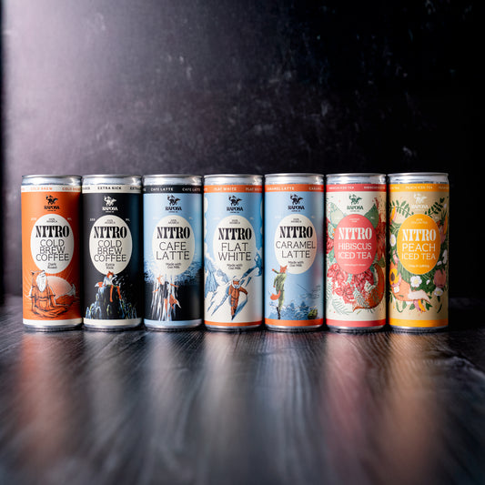 Raposa nitro cold brew starter pack featuring seven canned coffee and tea flavors