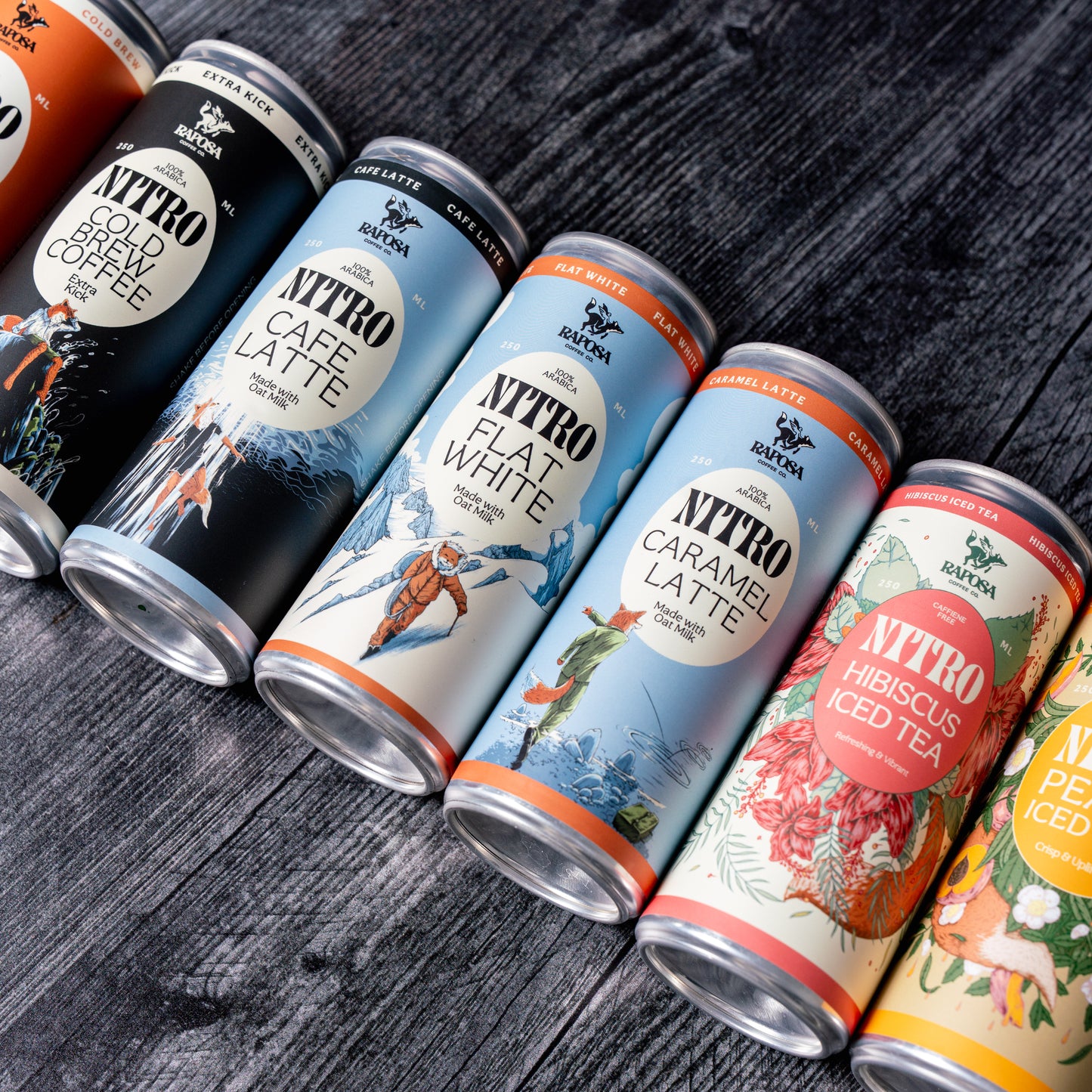 Raposa nitro cold brew canned coffee and tea assortment in starter pack