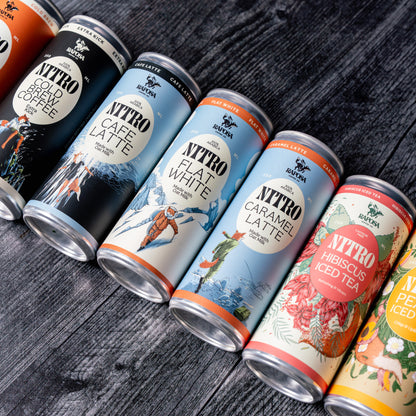 Raposa nitro cold brew canned coffee and tea assortment in starter pack
