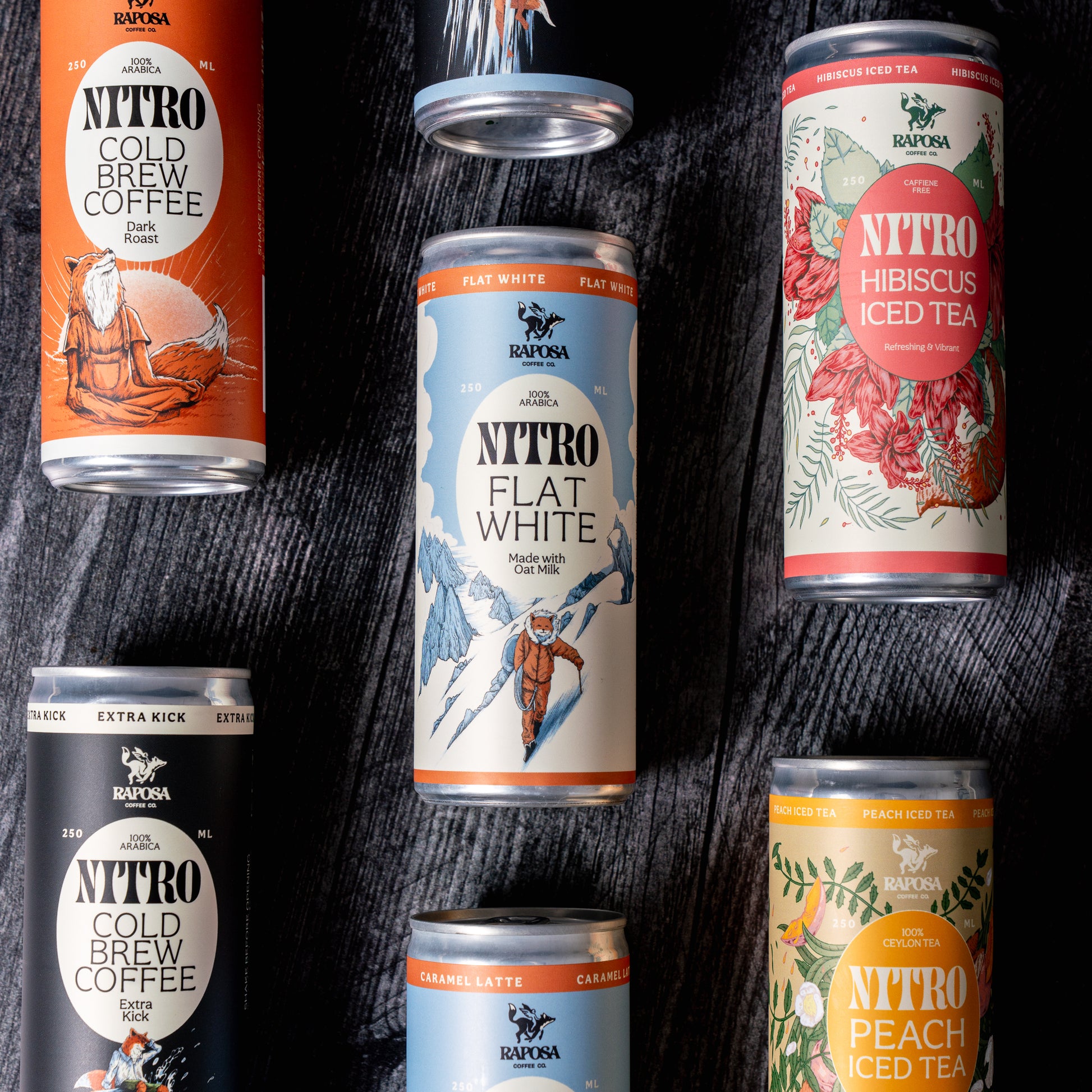 Close-up of Raposa nitro cold brew and iced tea cans showing flavor labels