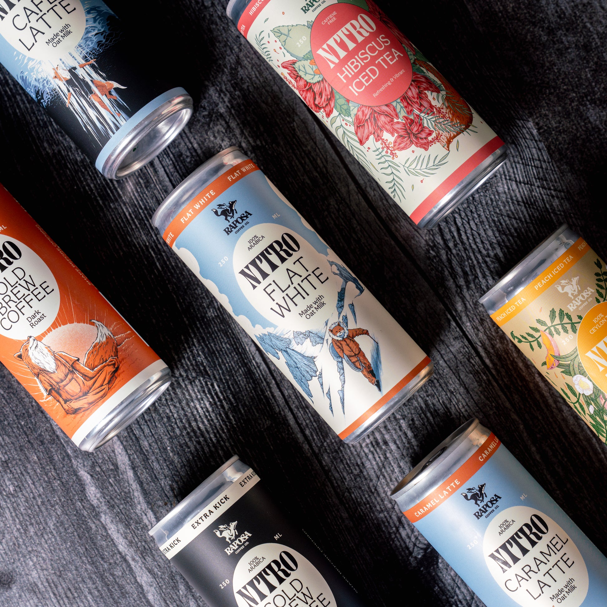Raposa nitro cold brew variety pack showing multiple canned flavors from above